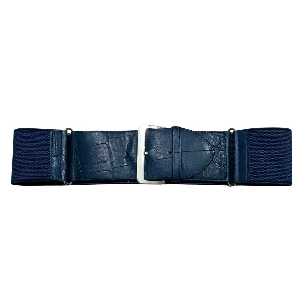 GEORGES RÉCH Vintage XS/S Navy Croc-Embossed Leather Elastic Cinch Belt – 1990s
